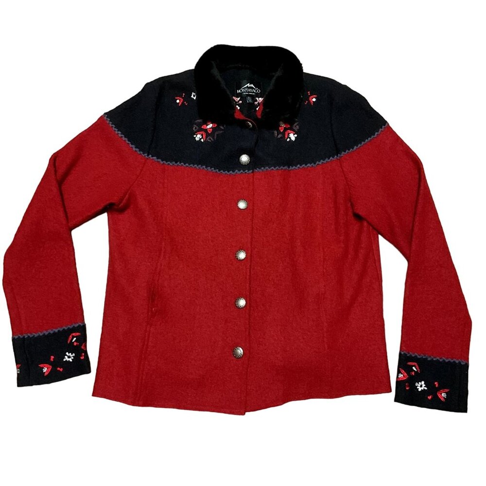 Montanaco Red Embroidered Wool Jacket Sz XL Black Faux Fur Collar Womens